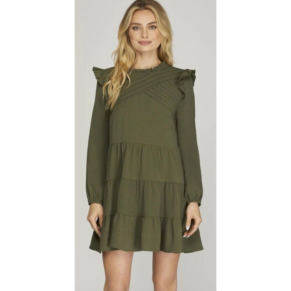 She + Sky Sage Pintuck Detail Tiered Skirt Woven Mini Dress in Olive Sz L